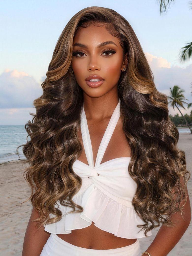 UNice 7x5 Bye Bye Slip™ Lace Dark Brown to Golden Caramel Ombre Curly Glueless Wig with Invisi Drawstring