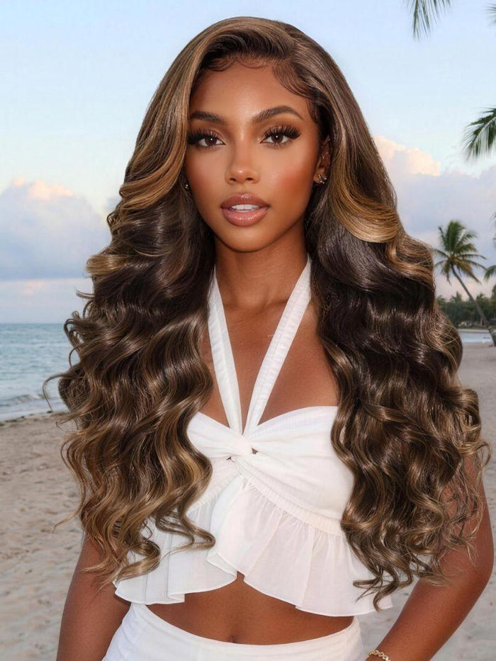 UNice 7x5 Bye Bye Slip™ Lace Chocolate Brown with Caramel Blonde Highlights Body Wave Wig with Side Part Bangs