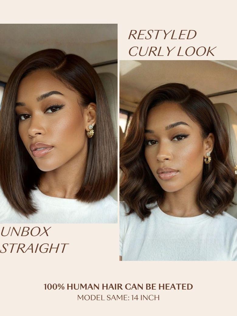 UNice Bye-Bye Slip™ 7x5 Lace Glueless Dark Chocolate Brown Side Part Yaki Straight Bob Wig with Invisi Drawstring Can Be Heated