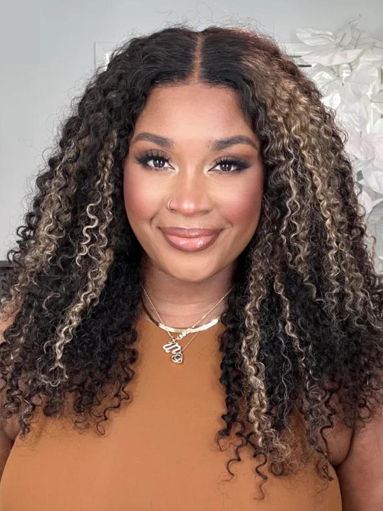 Bye Bye Knots Wig 7x5 Glueless Lace Black With Blonde Highlights Kinky Curly Bleached Knots Wig 180% Density
