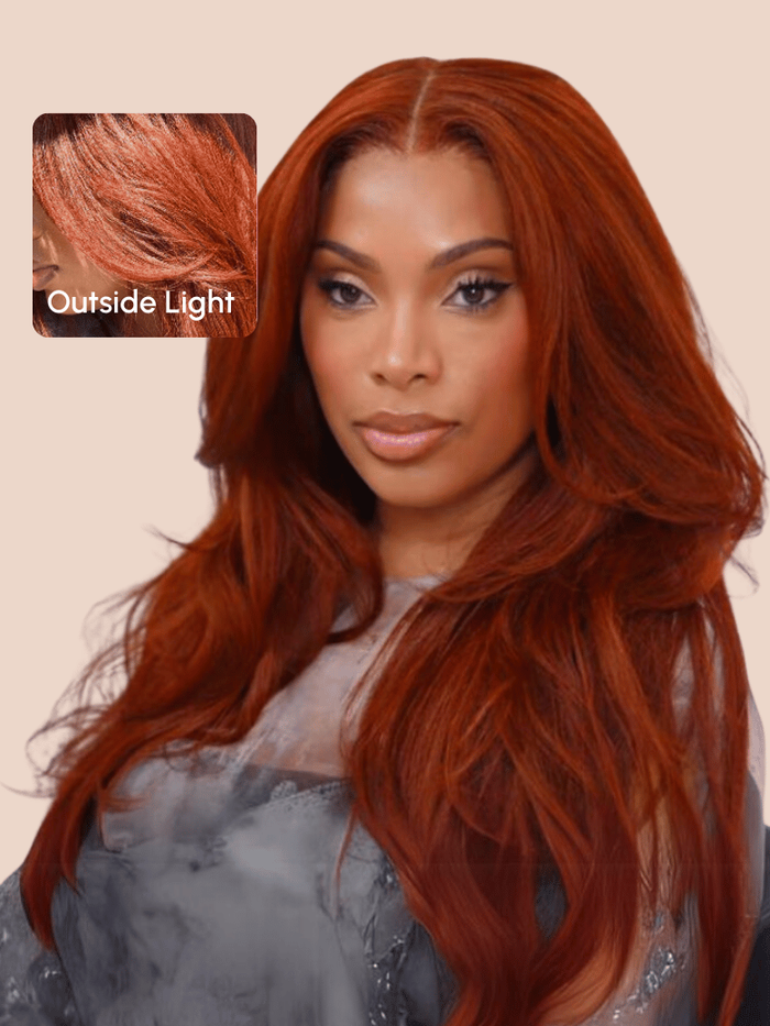 Seasonal Vibrance 7x5 Pre Cut Glueless Lace Reddish Brown Yaki Straight wig, Easy Curled& Installed with Any style