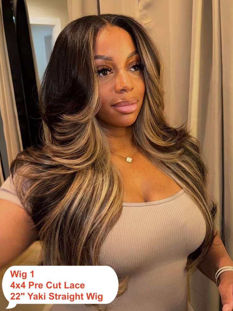 22"-30" 13x4/4x4 Ombre Chestnut Brown Yaki Straight&  Burnt Orange/Black Butterfly Wolf Layered Cut Straight Wig