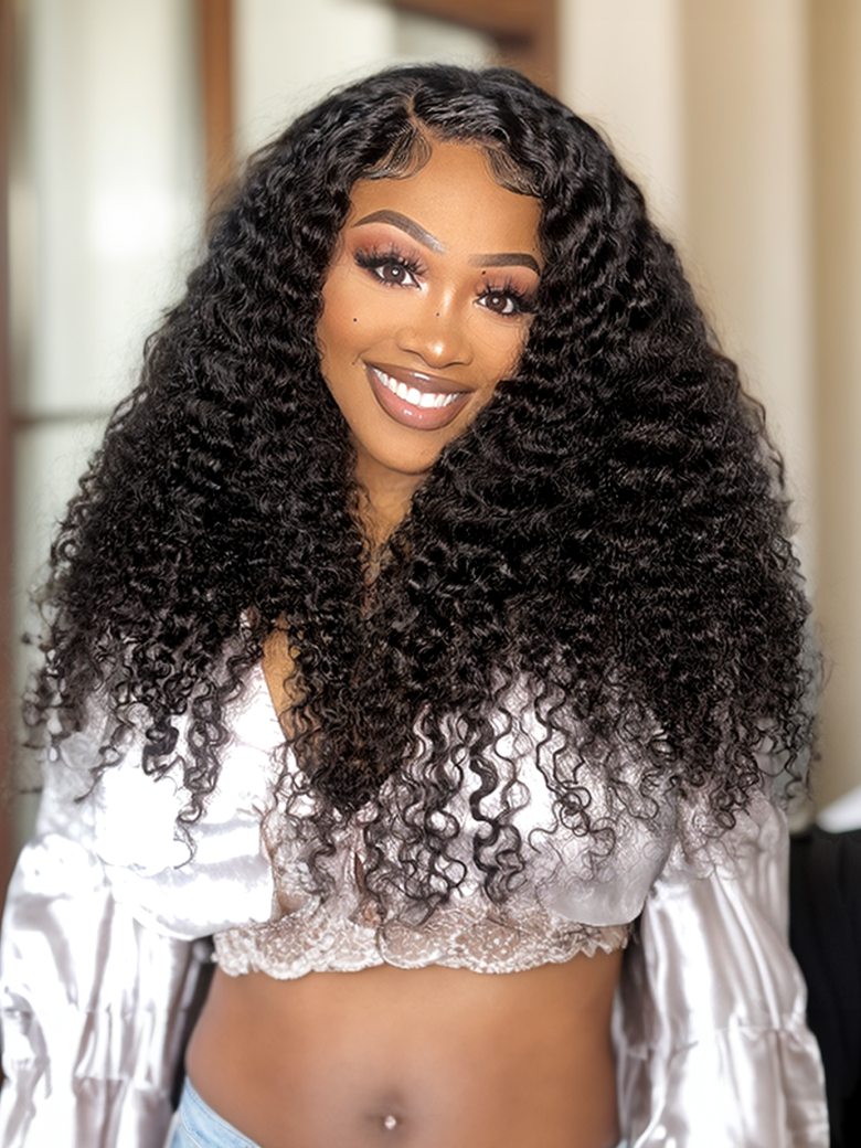 Unice 250% Density Long Curly 13x4 Transparent Lace Front Wig 100% Virgin Human Hair Pre-plucked Natural Black