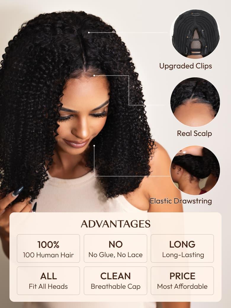 [BOGO FREE] EasiContour™ V Part Glueless Curly Wig With Invisi Drawstring 100% Human Hair Wig