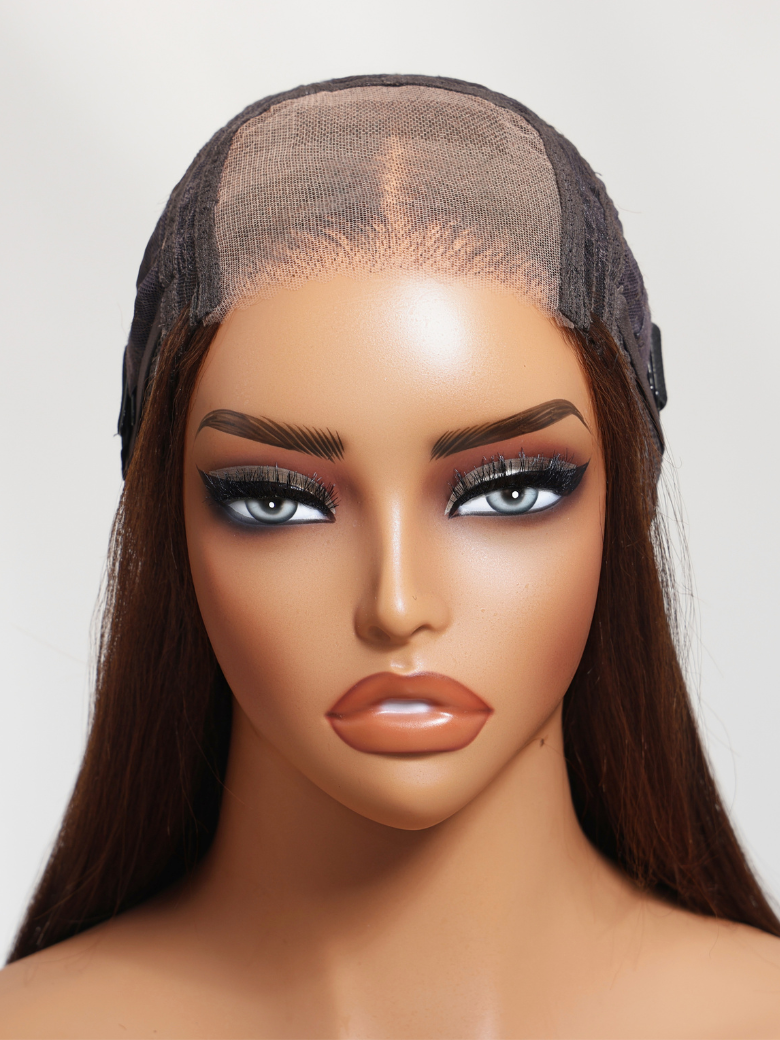 UNice 4x4 Pre-Cut Lace Chocolate Brown Yaki Straight Bye Bye Knots Glueless With Drawstring Wig