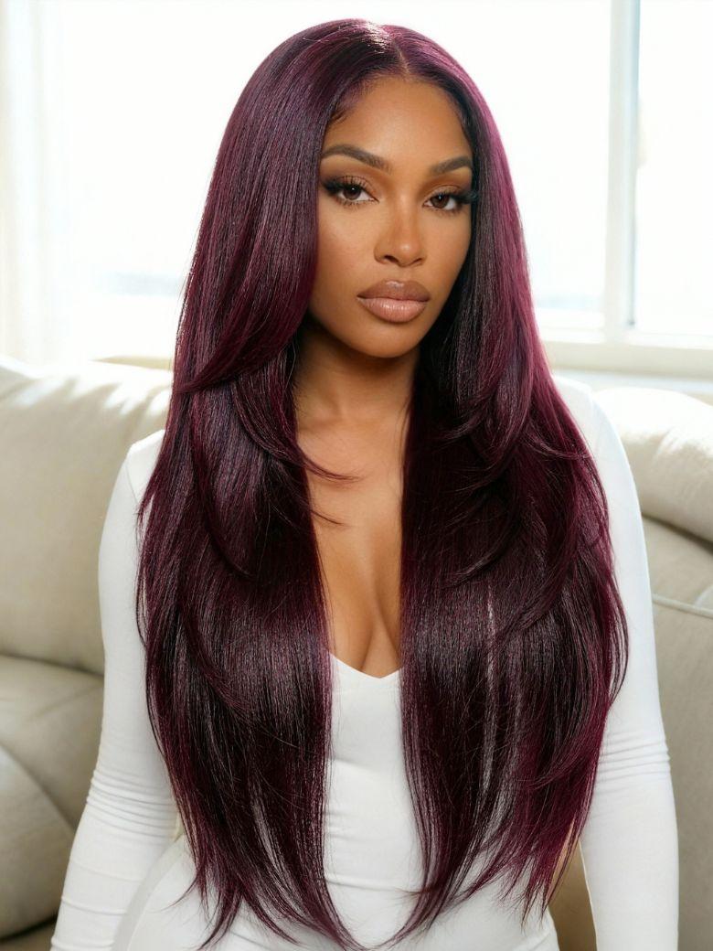 UNice Black Cherry Bye-Bye Knots™ 7x5 Lace Face Framing Layer Cut Straight Wig with Wispy Bangs Drawstring Wig