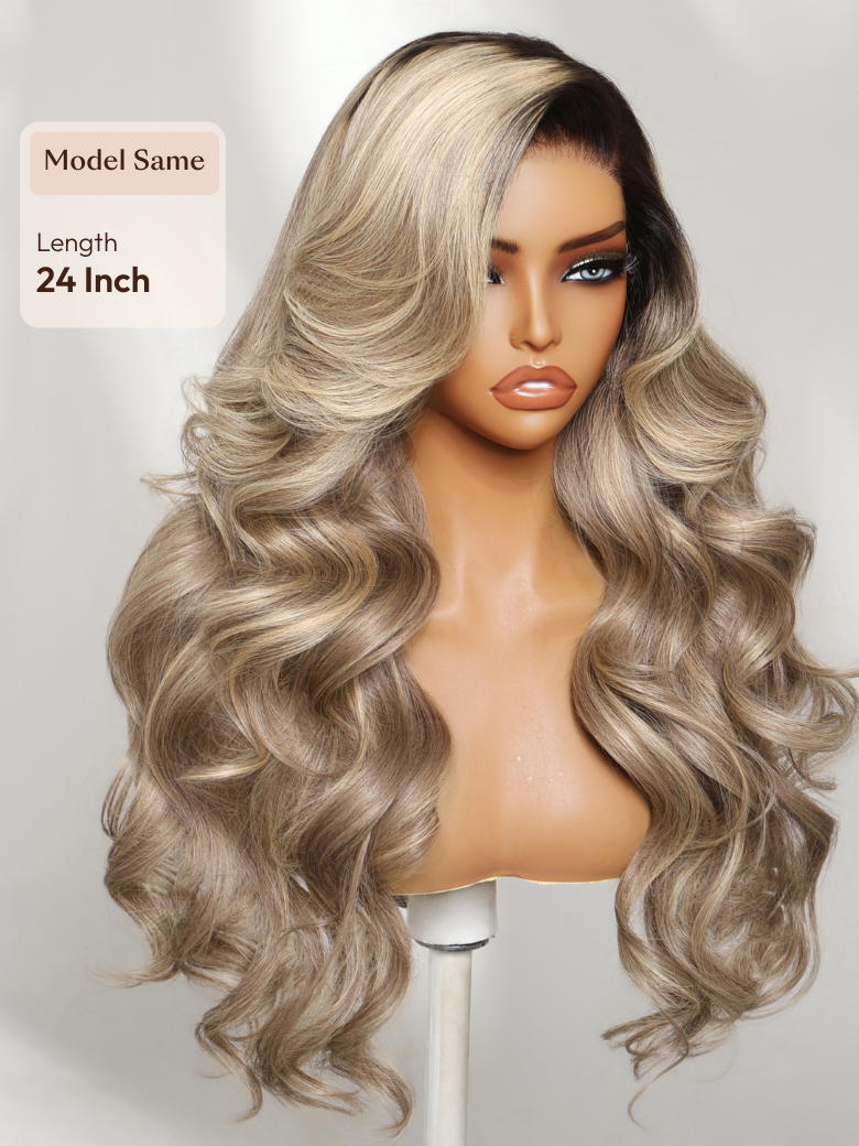 UNice Ash Blonde With Brown Roots No Slip 13x4 Pre-Everything™ Lace Frontal Body Wave Wig with Invisi Drawstring