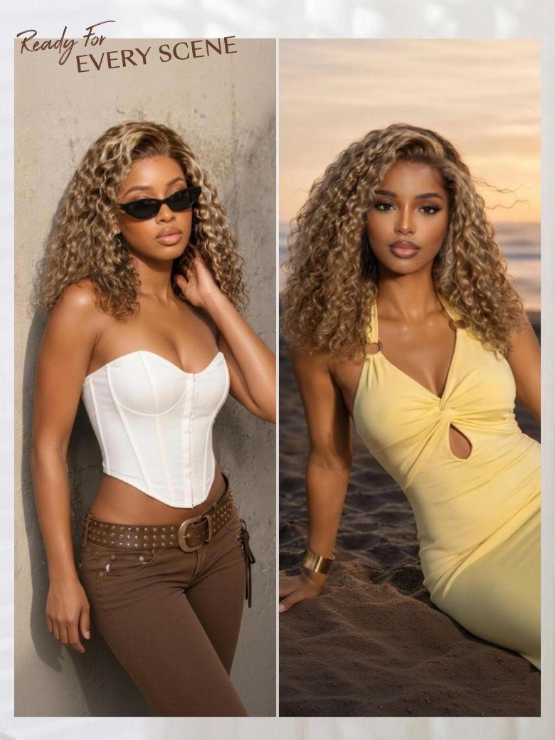 UNice 7x5 Bye-Bye Slip™ Lace Honey Blonde Highlights Voluminous Curly Bob Wig