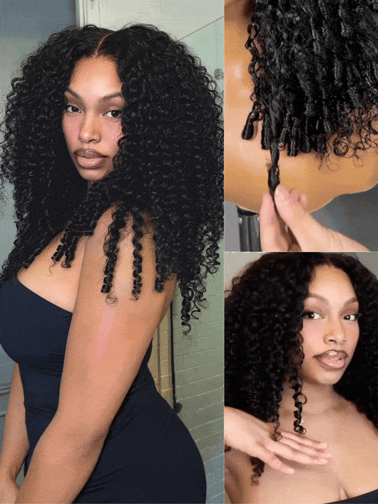 UNice 7x5 Lace Bye Bye Slip™ Natural Black Afro Kinky Curly with Finger Coil Ends Drawstring Wig 180% Density