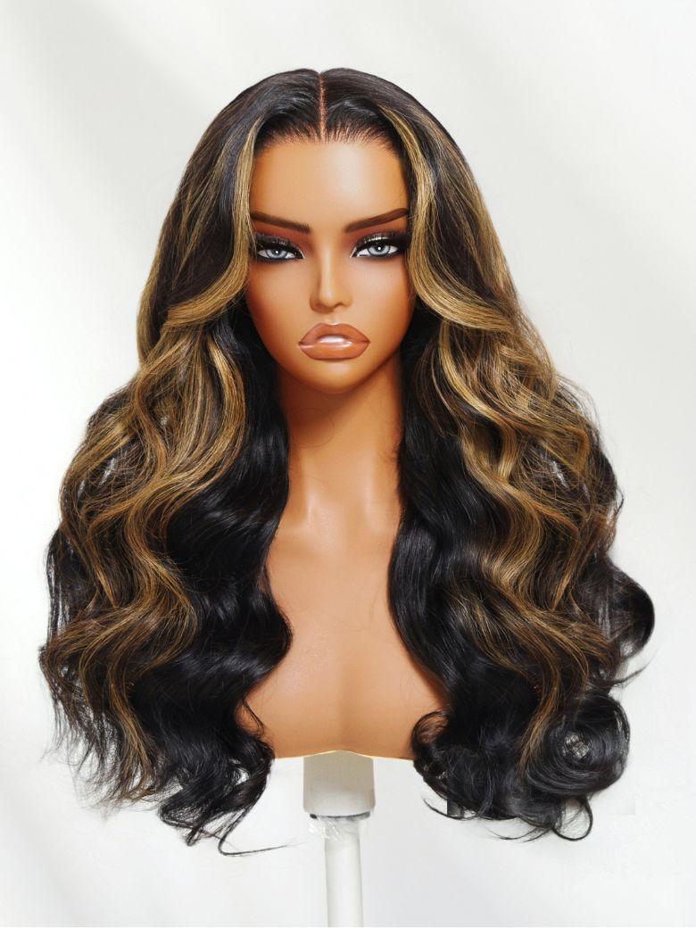 UNice Bye-Bye Knots 7x5 Lace Black with Caramel Blonde Highlights Body Wave Wig
