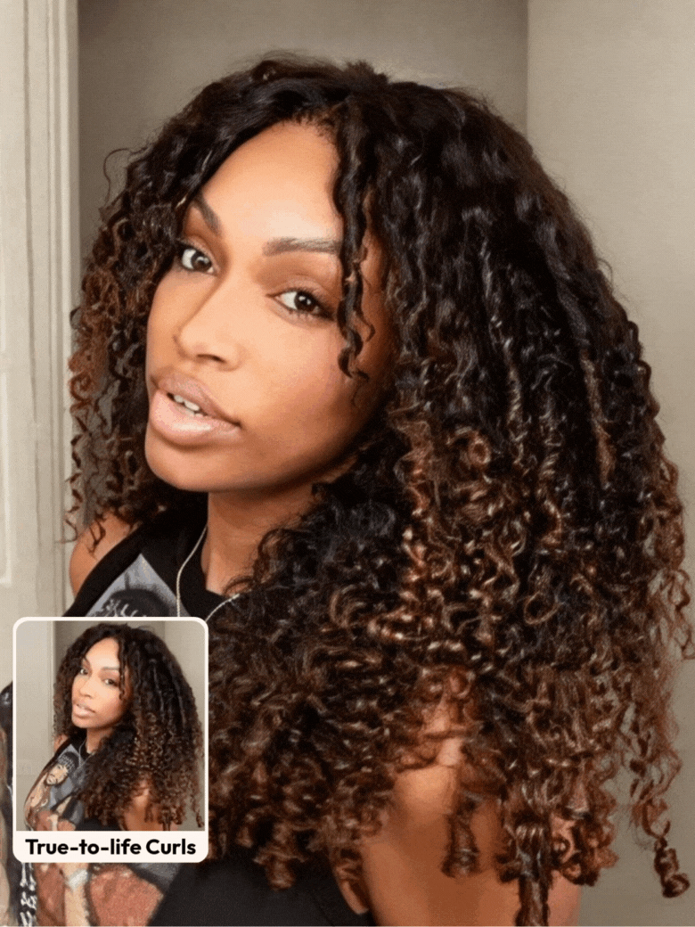 UNice Glueless 7x5 Burmese Curly Wig with Finger Coily Ends 100% Human Hair Black to Chestnut Brown Ombre Bye-Bye Knots™ 7x5 Lace Drawstring Wig
