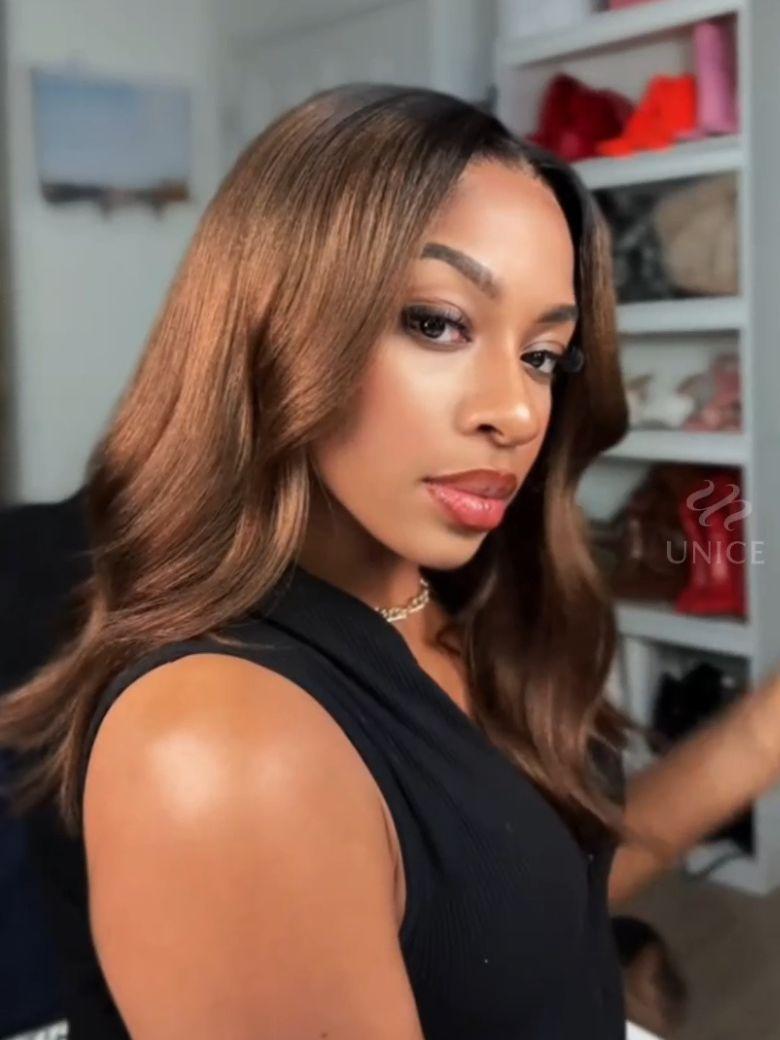 Unice Bye-Bye Knots 7x5 Lace Black to Chestnut Brown Ombre Yaki Bob Wig