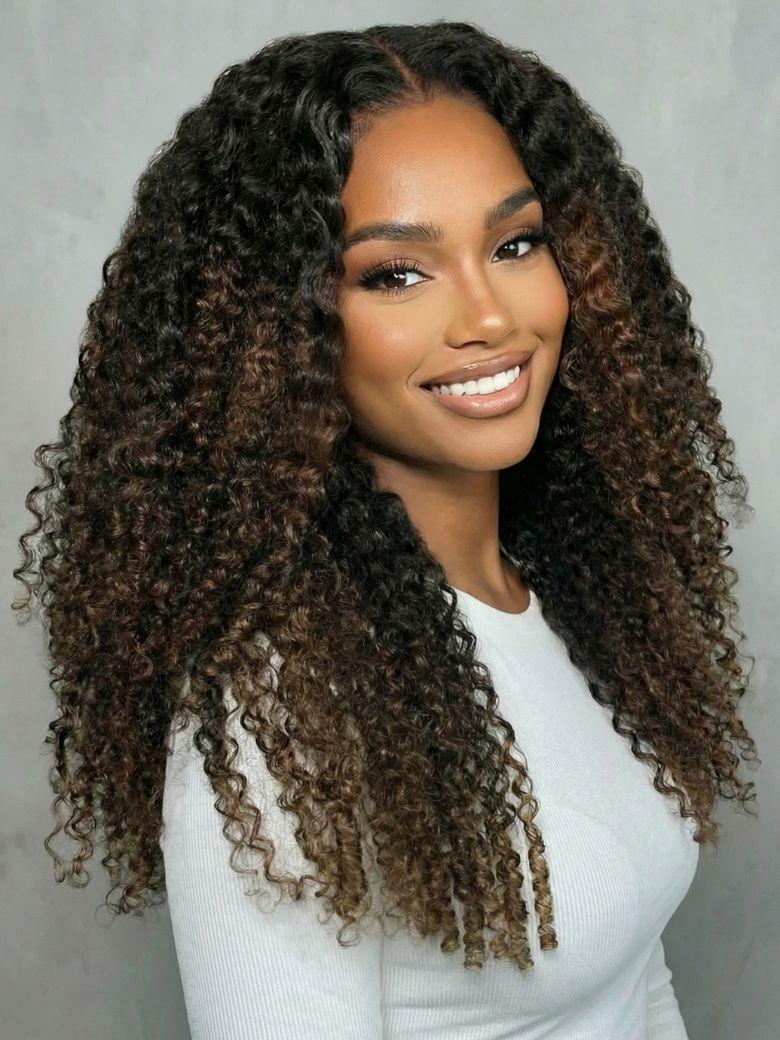 [From 18 Inch] EasiContour™ V Part Black to Chestnut Brown Jerry Curly Drawstring Wig 150% Density Protect Your Natural Hair