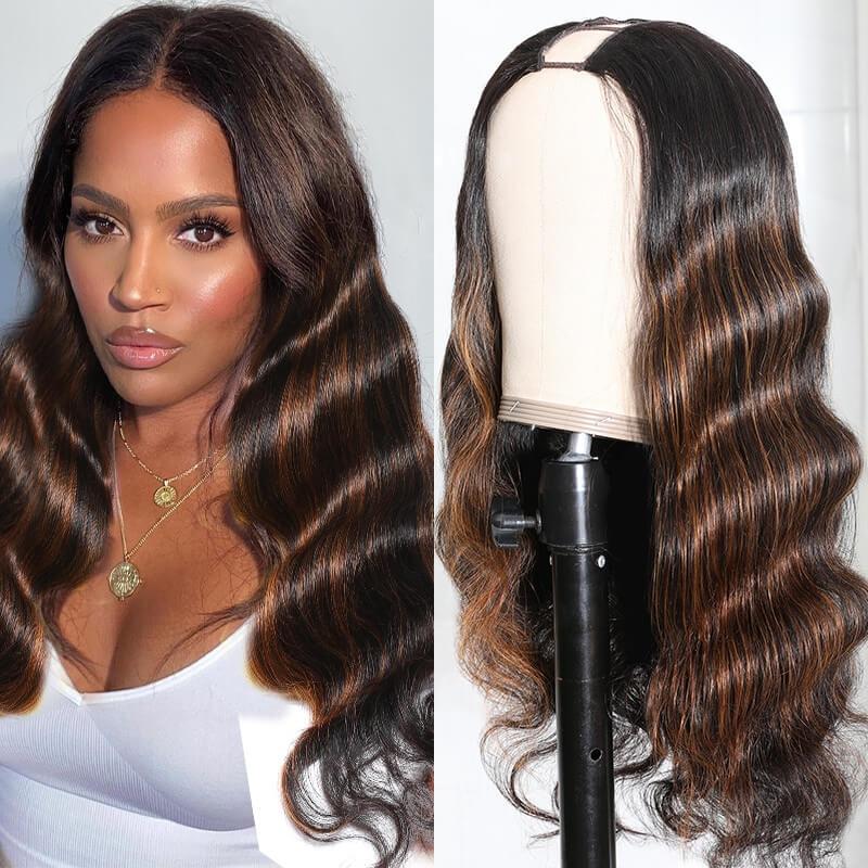 UNice Glueless Brown Highlight U Part Body Wave Wig 3 Minutes Install