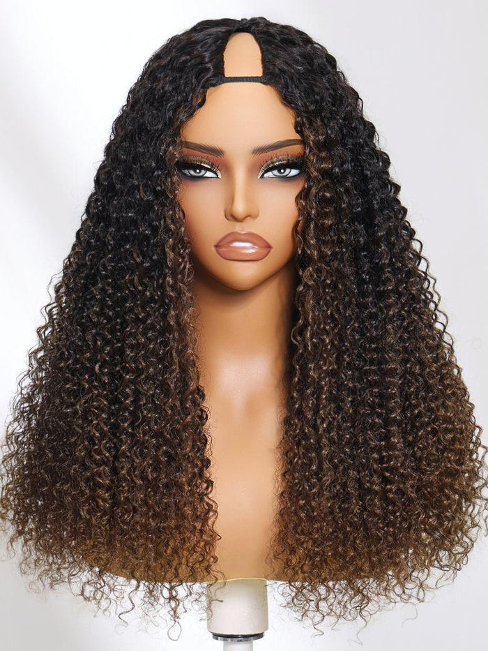 [Price Drop] UNice EasiContour™ V Part Black to Chestnut Brown Jerry Curly Drawstring Wig 150% Destiny Protect Your Natural Hair