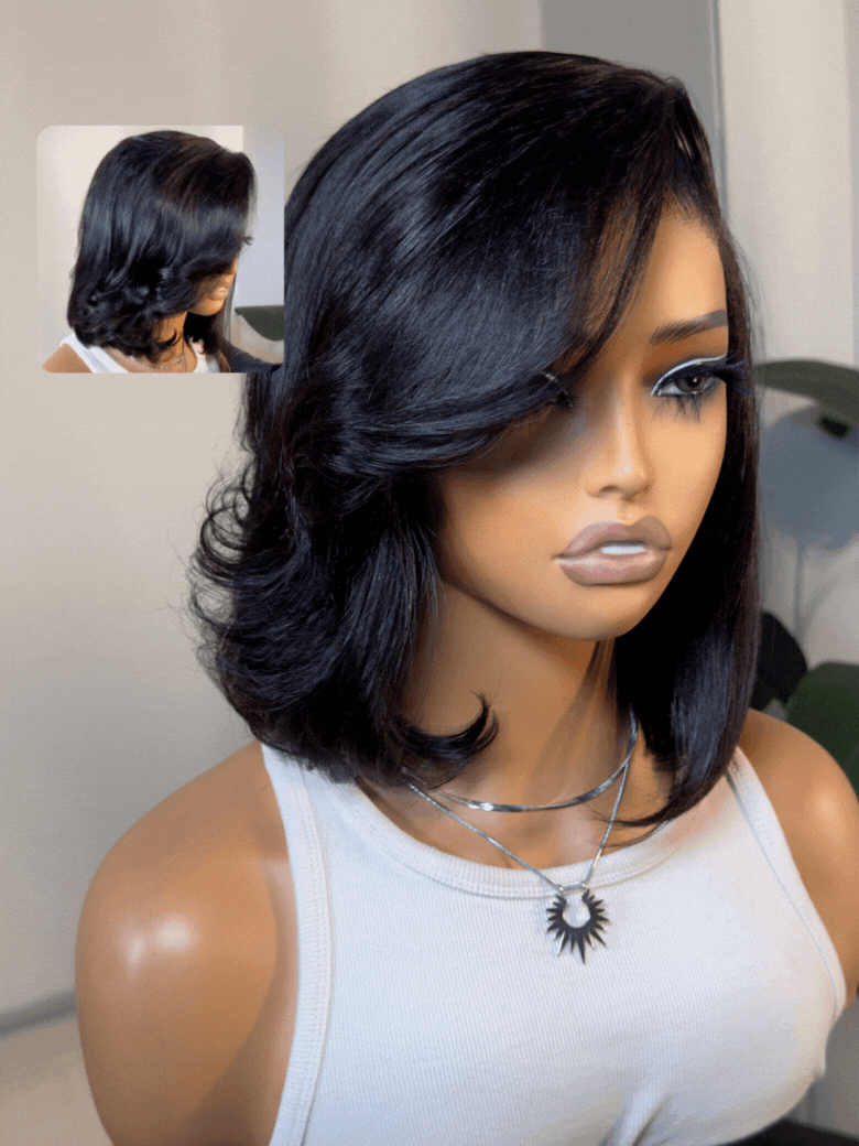 UNice 4x4 Lace Closure Black Bob Wig With Side Swept Bangs