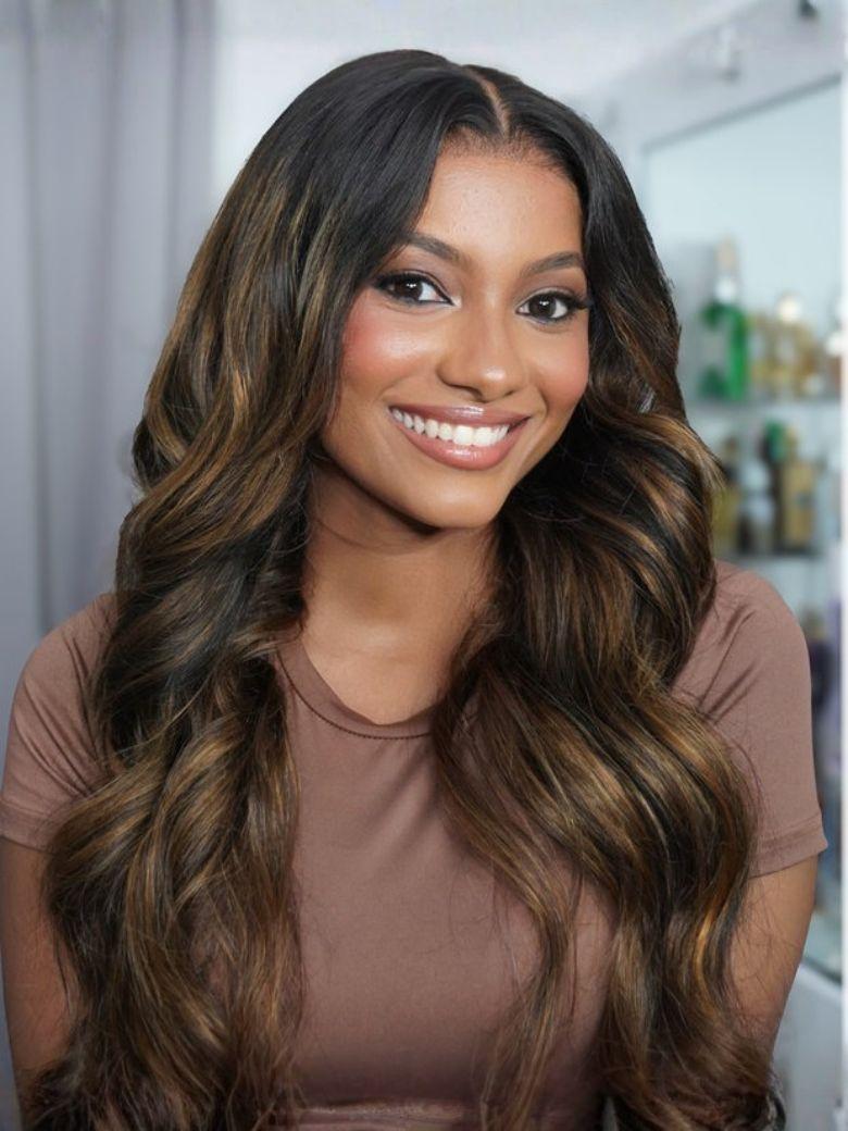 [US Only] [Only 20 new users needed] 20 Inch 7x5 Bye Bye Knots™ Wig Glueless Lace Balayage Highlight Body Wave Drawstring Curtain Bangs Wig