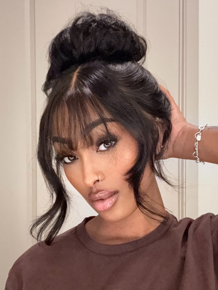From 24" 13x4 Pre-Everything Lace Frontal Black Fluffy Natural Color Loose Wave Wig WIth Banging Bangs