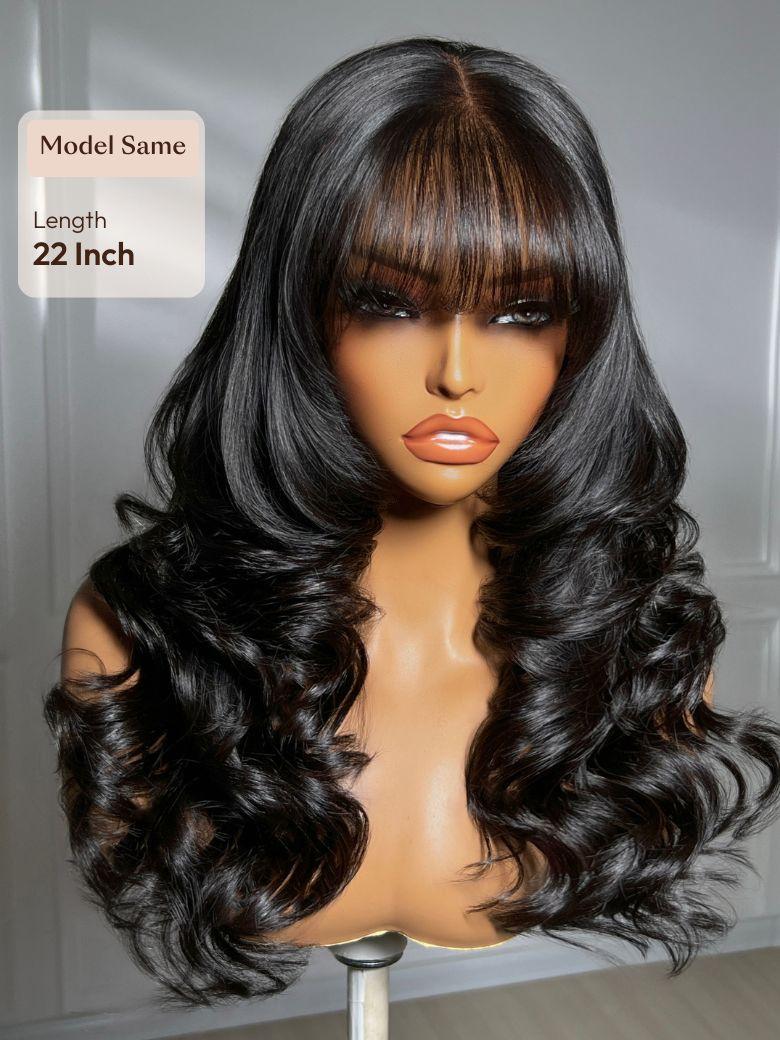 UNice 7x5 Bye Bye Slip™ Lace Natural Black Soft Blowout Loose Wave Layered Wig With Wispy Bangs