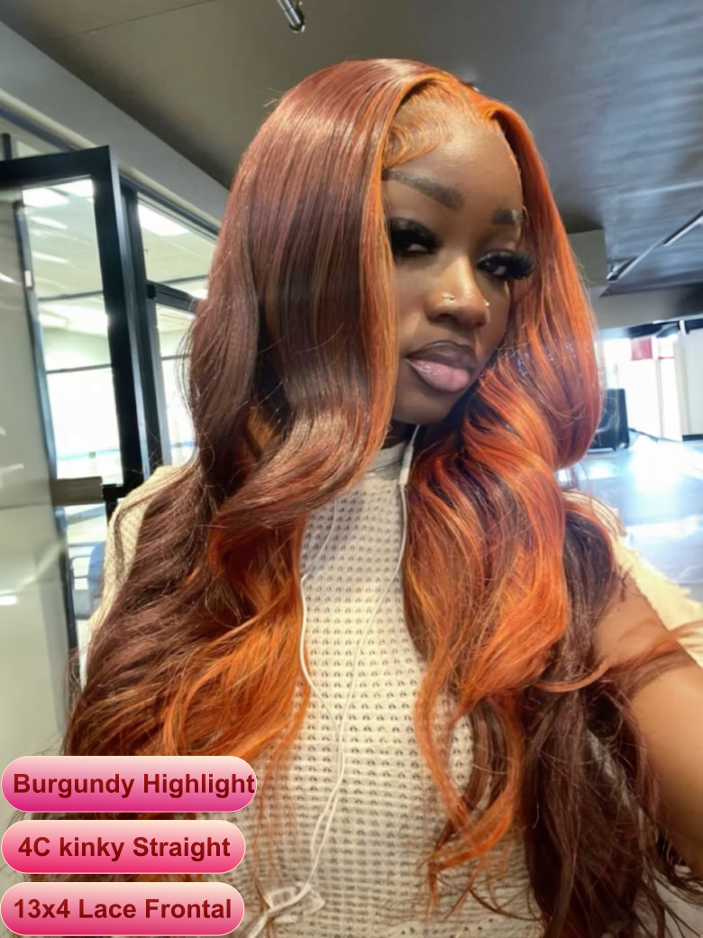 18" 13X4 Pre Everything Plum Wine Red/Golden Blonde Highlights/Burgundy Highlight Wigs 150%-180% Density