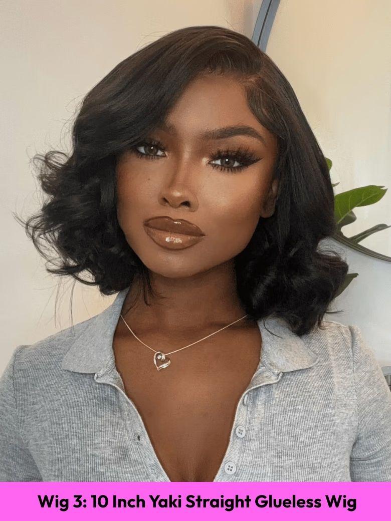 UNice Black Yaki Wig Human Hair Glueless Wig with Blunt Bangs
