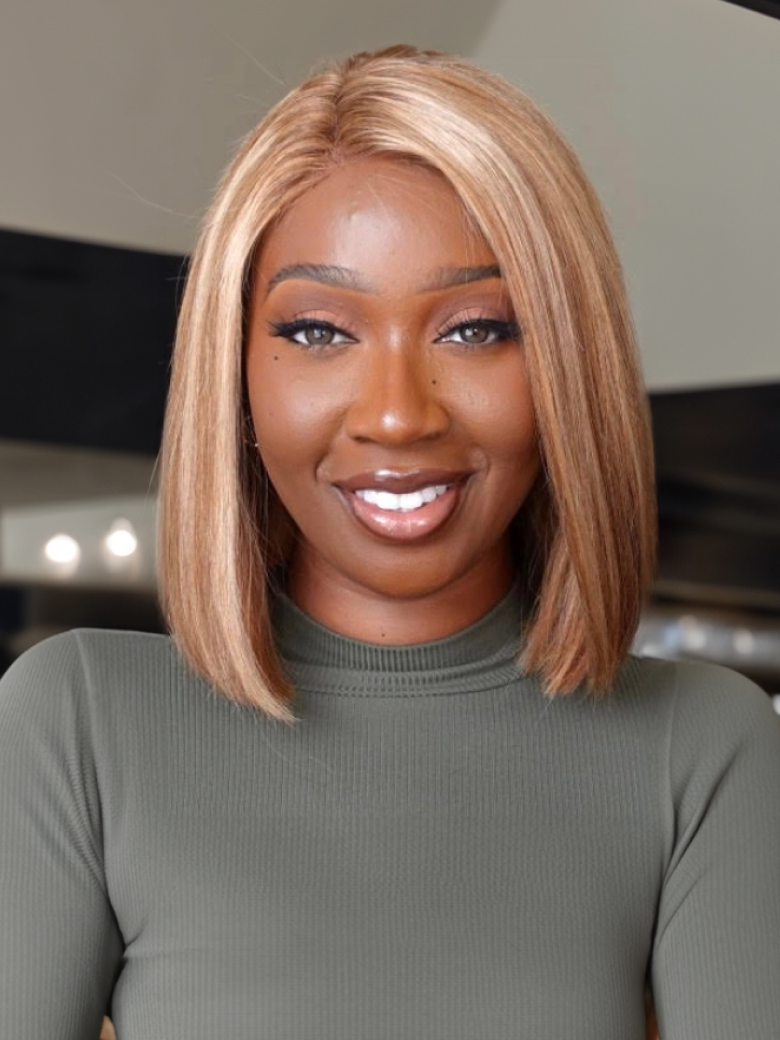 6x4.5 Pre Cut Lace Glueless Bob Wig Honey Blonde Highlights 150% Density