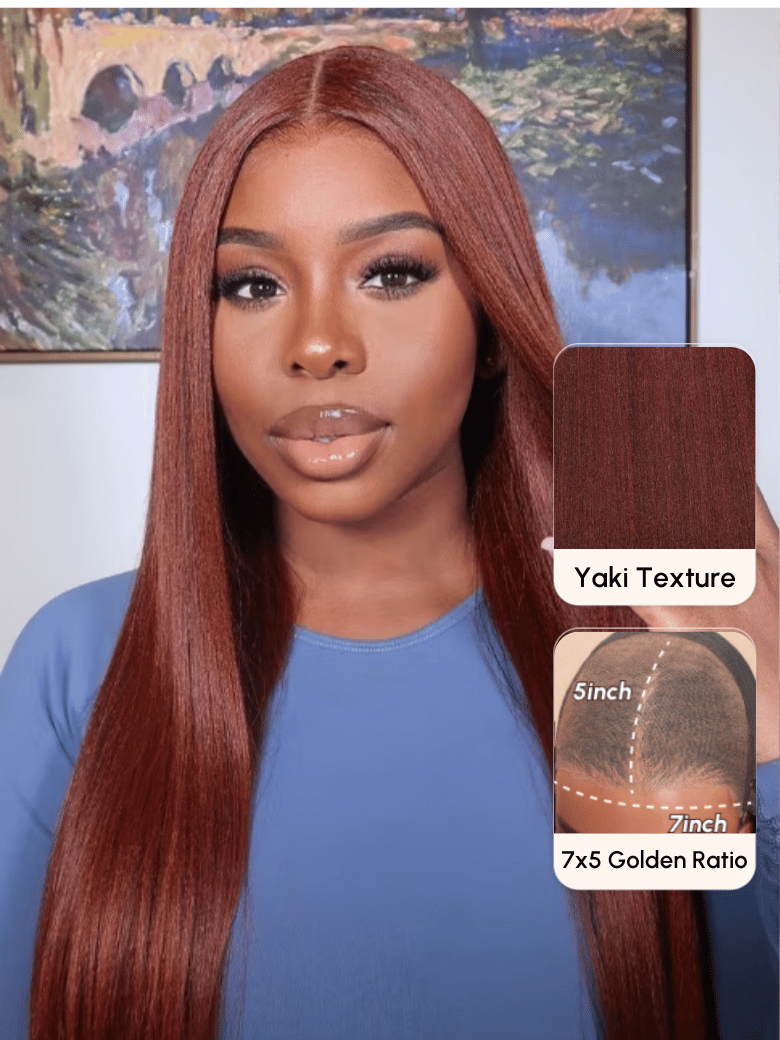 Bye Bye Knots Wig 7x5 Glueless Lace Reddish Brown Yaki Wig With Pre-plucked Hairline