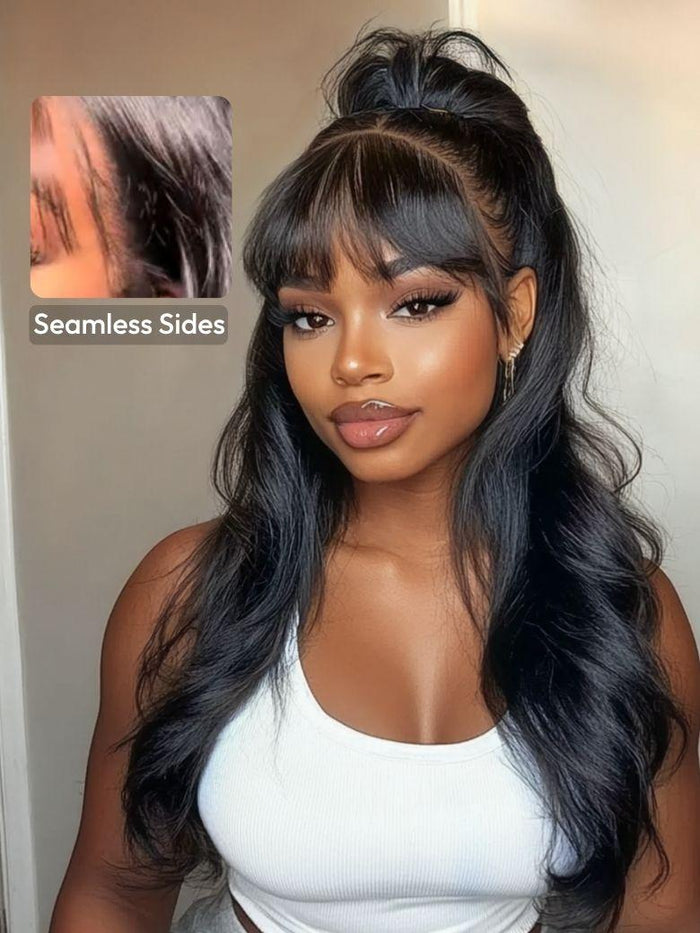 [From 20"]UNice 13x4 Real Scalp Pre-Everything Black Fluffy Loose Wave Curtain Bangs Seamless Sides Wig with Invisi Drawstring