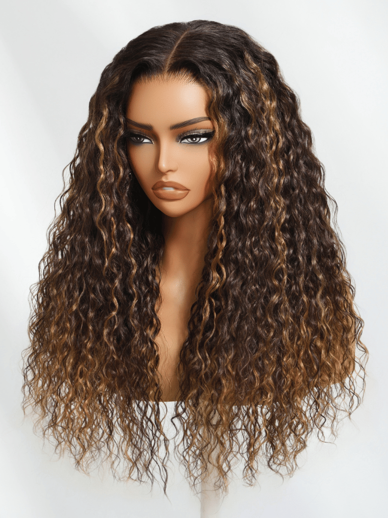 Bye-Bye Knots Wig 7x5 Lace Water Wave Espresso Brown with Caramel Highlights Wig 180% Density