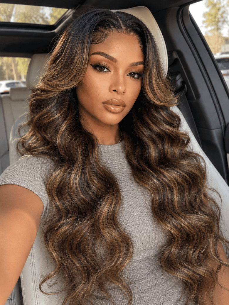 Brown long body wave wig with honey highlights, layered styling, and a realistic pre-plucked hairline.