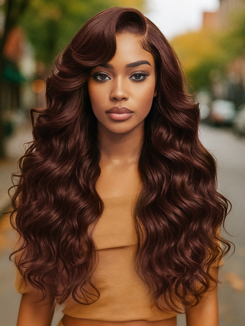[200% Density] UNice Glueless 100% Human Hair Bye-Bye Knots™ 7x5 Lace Dark Auburn Side Part Big Bouncy Wave Wig with Invisi Drawstring