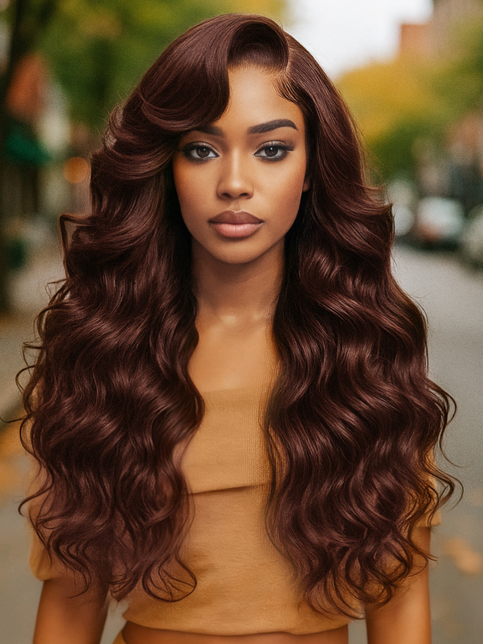 [200% Density] UNice Glueless 100% Human Hair Bye-Bye Knots™ 7x5 Lace Dark Auburn Side Part Big Bouncy Wave Wig with Invisi Drawstring