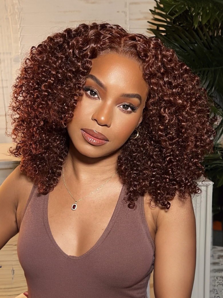 UNice Bye-Bye Knots Lace Frontal Side Part Wig Reddish Brown Short Curly Bob Wig
