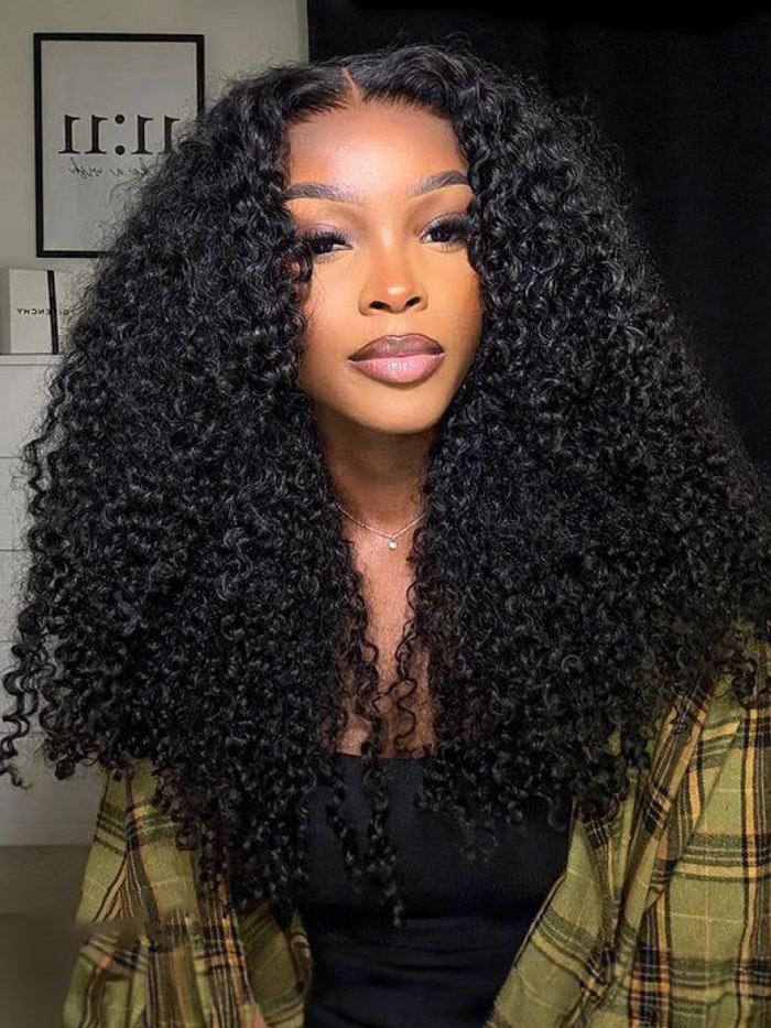 [$100-$50] $99 Get 22 Inch Kinky Curly Super Bouncy Middle Part Lace Natural Black Human Hair Wigs