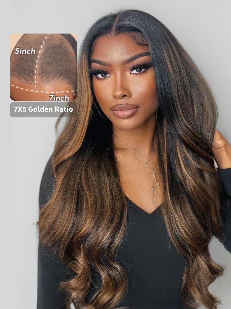 7x5 Bye Bye Knots™ Wig  Glueless Lace Balayage Highlight Bouncy Body Wave Wig No Burden