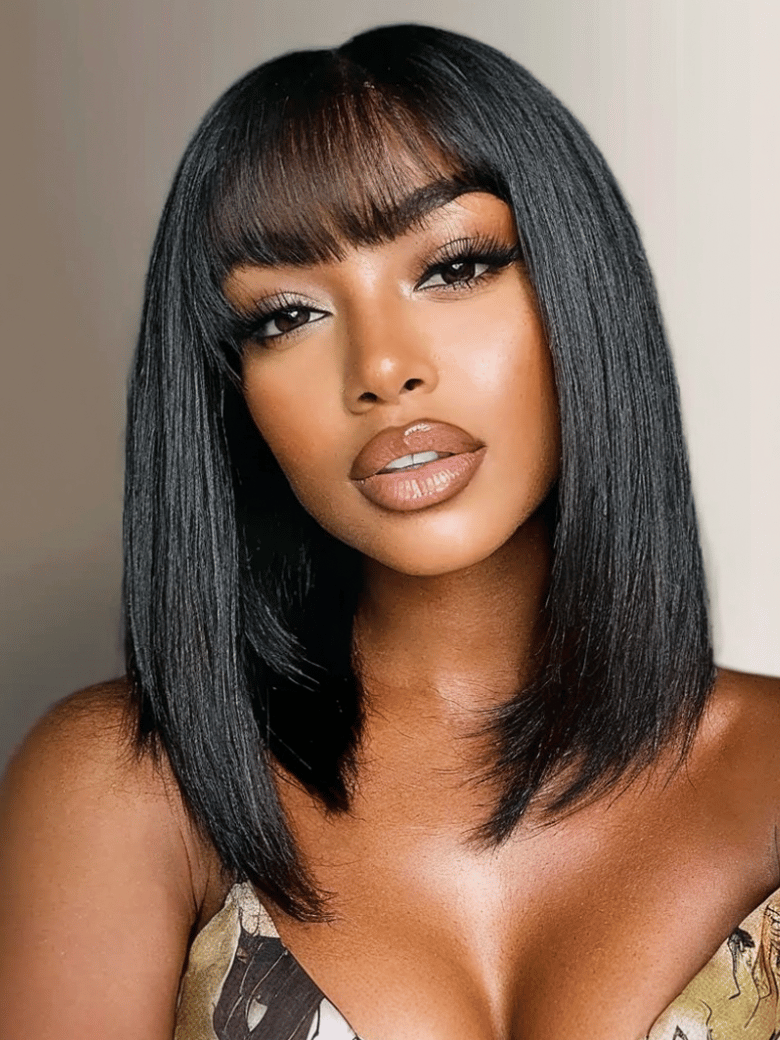 2x4 Lace Closure Yaki Straight Bob Wig with Chinese Bangs 150% Density
