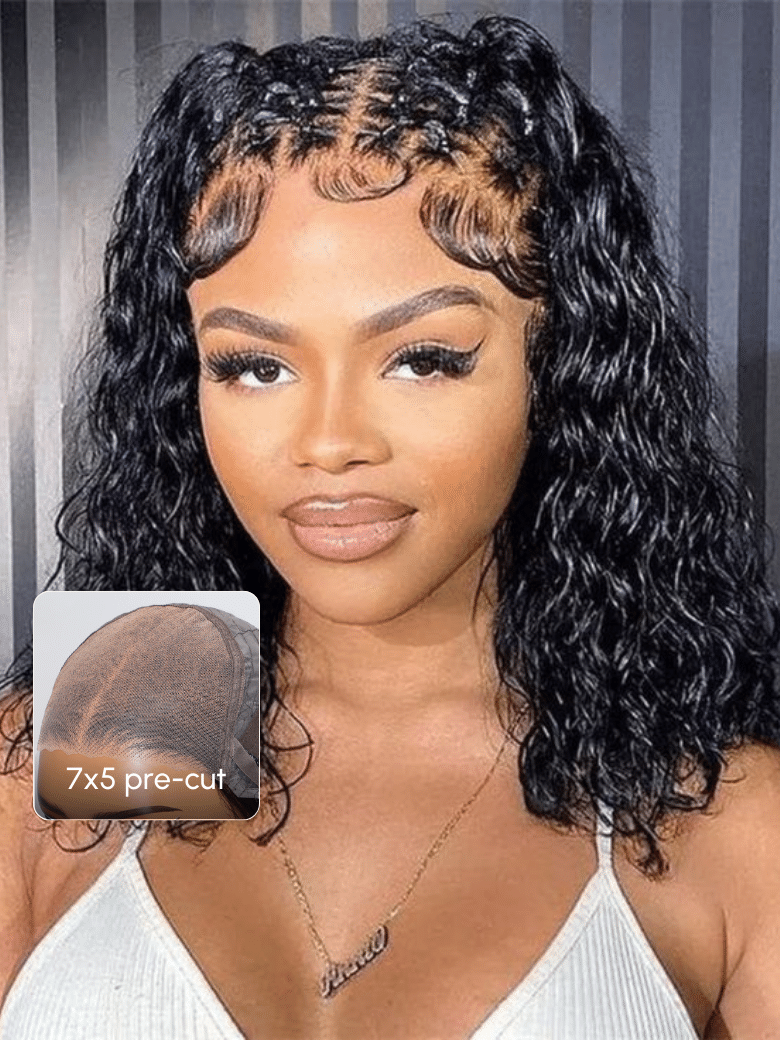 UNice Bye Bye Knots 7x5 Pre Cut Lace Bouncy Water Wave Glueless Bob Wig 150% Density