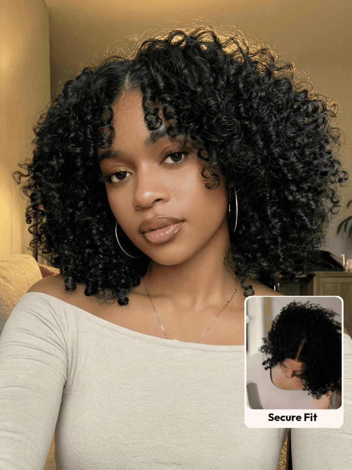 [22''= $96] Beginner Friendly EasiContour™ V Part Afro Kinky Curly with Finger Coil Ends Wig