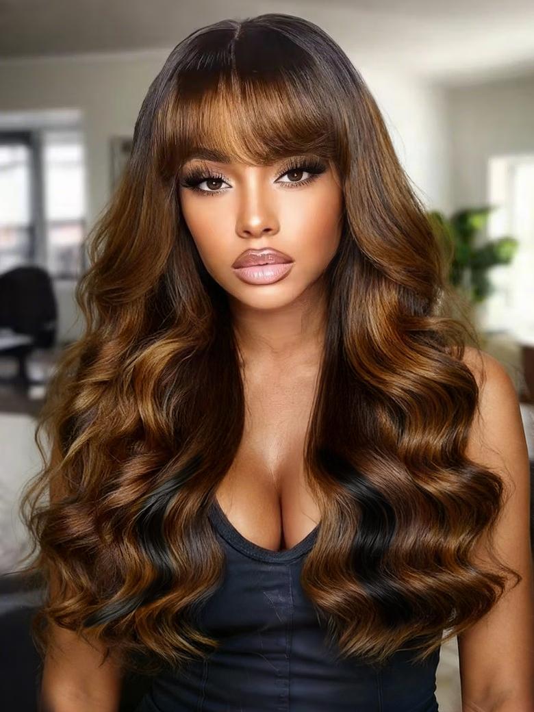 UNice Bye-Bye Knots 13x4 Black with Brown Money Piece Natural Fluffy Loose Wave Curtain Bangs Wig