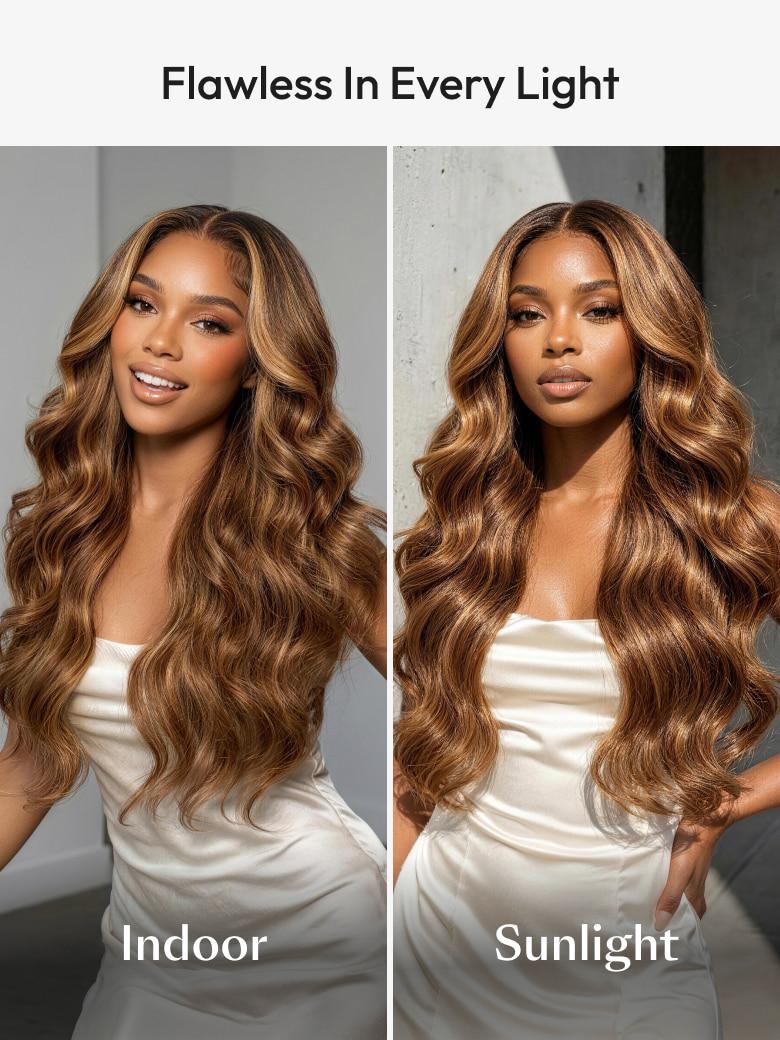 UNice 360 HD Lace Pre-plucked Luxury Raw Virgin Hair Caramel Brown With Money Piece Highlights Body Wave Wig