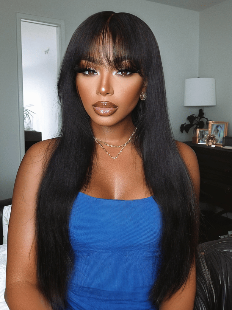 UNice 7x5 Bye-Bye Knots Lace Frontal Pull And Go Fluffy Natural Black Loose Wave & Machine Made Yaki Human Hair Glueless Curtain Bangs Wig