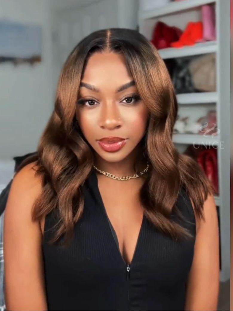 UNice 7x5 Bye-Bye Slip & 13x4 Lace Black to Chestnut Brown Ombre Yaki Bob Drawstring Wig