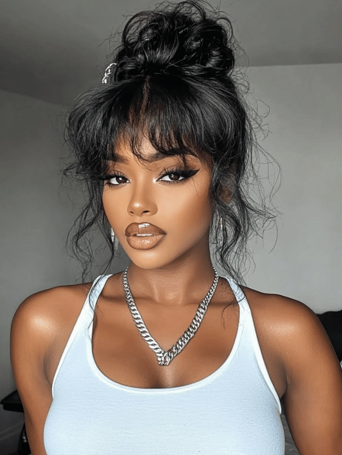 7x5 Bye-Bye Knots™ Lace Wig Black Fluffy Natural Loose Wave Curtain Bangs Wig