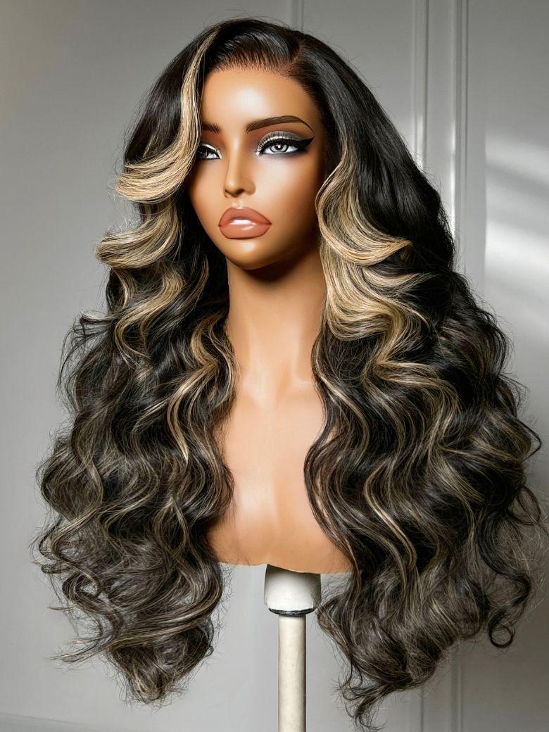 UNice 7x5 Bye Bye Slip™ Lace Black With Blonde Face-Framing Highlights Body Wave Wig with Side Part Bangs
