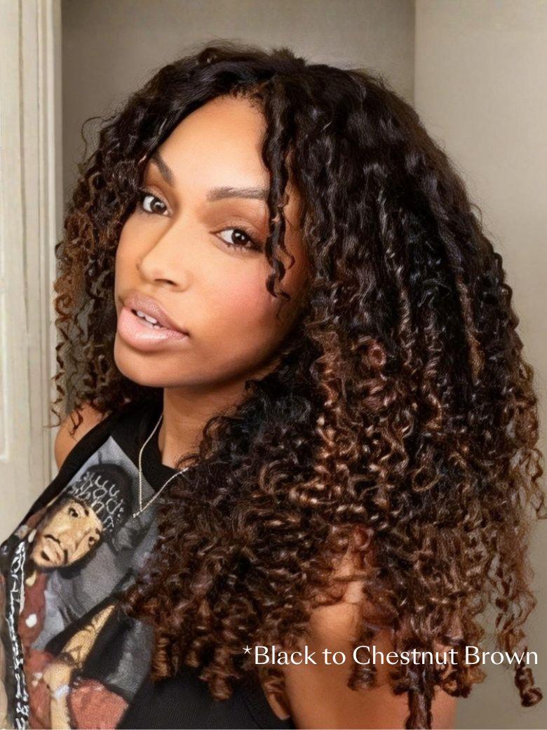UNice Black to Chestnut Brown Ombre Bye-Bye Knots™ 7x5 Lace Drawstring Glueless Curly Wig With Defined Finger Coil Ends Wig