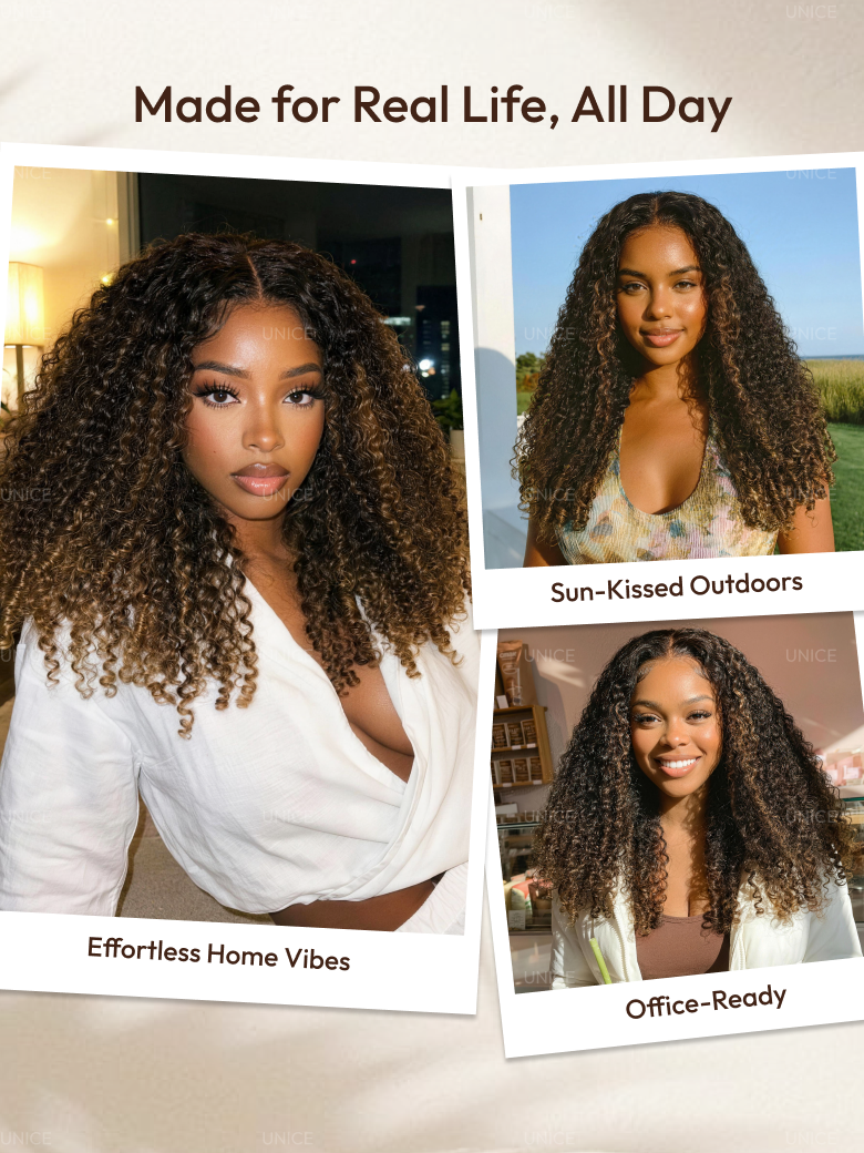 EasiContour™ V Part Black to Chestnut Brown Jerry Curly Drawstring Wig 150% Density Protect Your Natural Hair