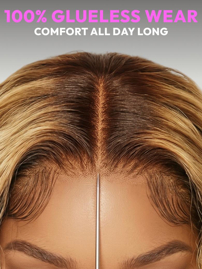 13x4 Bye Bye Slip™ Lace Frontal Caramel Brown With Honey Blonde Highlights Water Wave Glueless Drawstring Wig