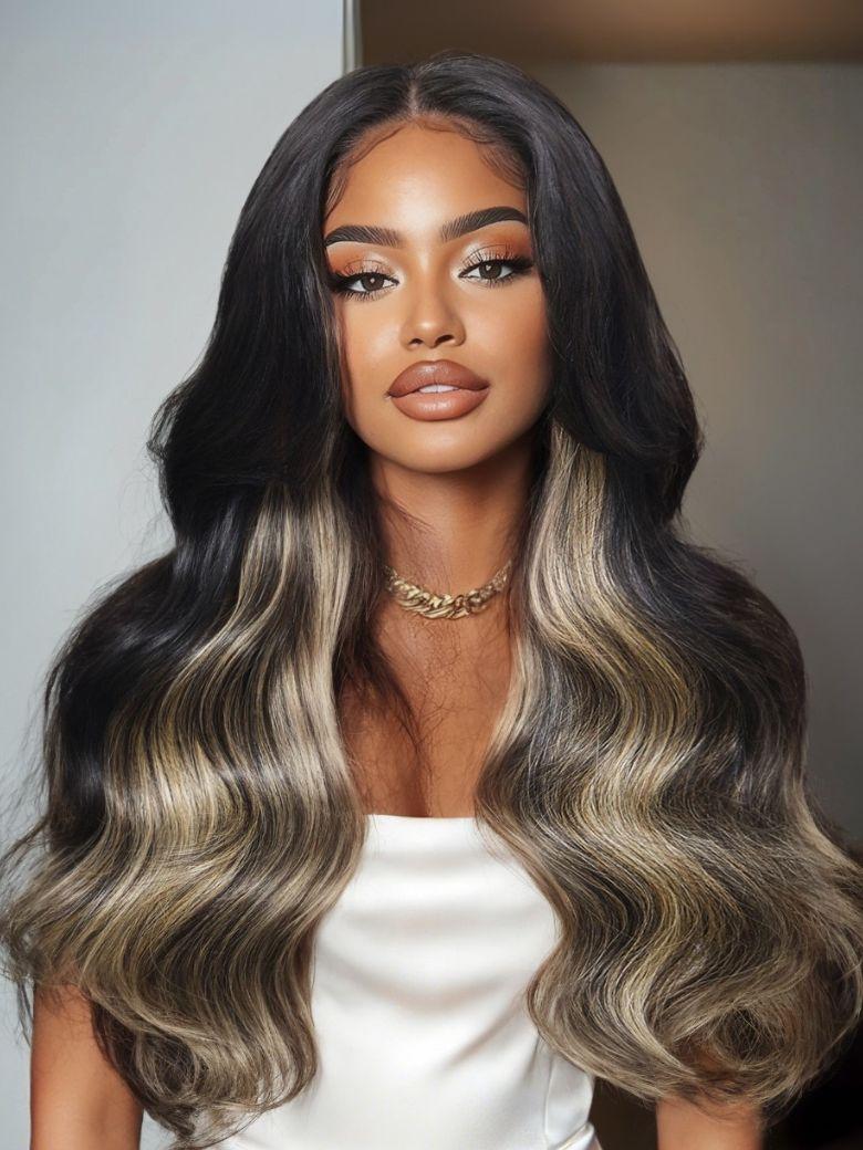 UNice Bye-Bye Knots™ 7x5 Lace Black With Blonde Highlight Loose Wave Wig With Invisi Drawstring & Face Framing Layers