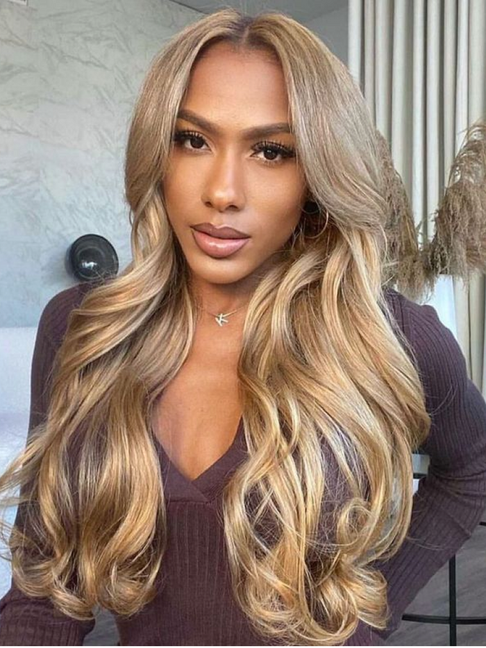[24"=$136] 13x4 Lace Front Honey Blonde Highlight Wigs Human Hair Body Wave Colored Wigs