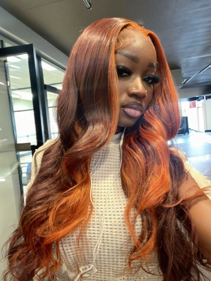 [20"=$85} 13x4 Lace Front Wig Highlight 4C Kinky Straight Burgundy Mixed Orange Lace Front Wig